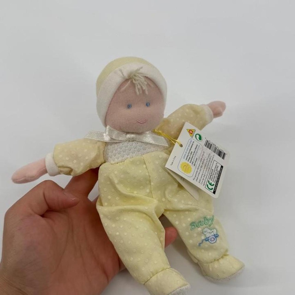 Eden Yellow Polka Dot Baby Doll Plush Rattle Blue Embroidery Vintage Style NWT
